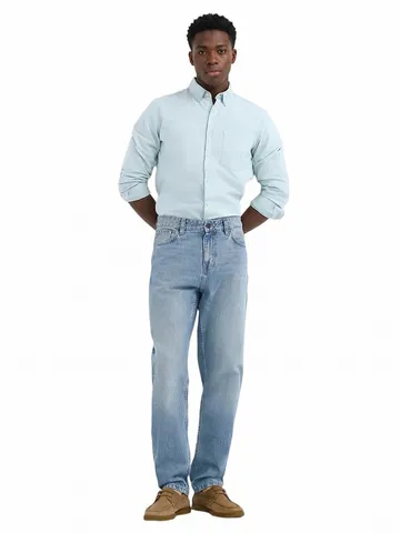 Men's Light Business Loose Straight Fit Jeans Casual Washed Cotton Denim Pants For Men Light Blue Black Retro Blue