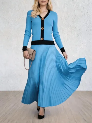 Women Top And Bottom Contrast Patchwork V-Neck Long Sleeve Knit Cardigan And High Waist Big Swing Pleated Maxi Skirt Outfit