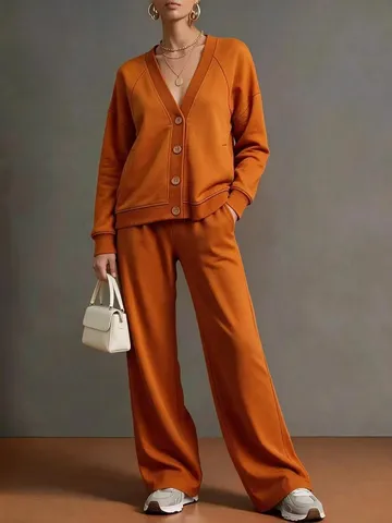 Women V Neck Knitted Cardigan And Wide Leg Pants Top And Bottom Solid Color Loose Autumn Winter Sweatshirt Lounge Outfit