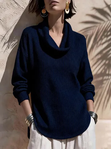 Women's Cowl Neck Long Sleeve T-Shirt Loose Fit Curved Hem Knitted Top Polyester Spandex Casual Solid Color Autumn Basic Tee