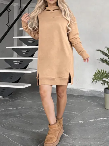 Women's High Neck Long Sleeve Side Slit Midi Dress Autumn Winter Loose Fit Polyester Spandex Solid Color Elegant Casual Dress