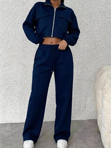 Women's Casual Two Piece Pants Set Zip Up Short Jacket And High Waist Wide Leg Drawstring Outfits Streetwear For Women