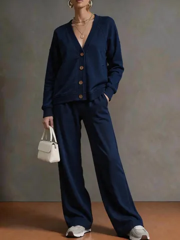 Women V Neck Knitted Cardigan And Wide Leg Pants Top And Bottom Solid Color Loose Autumn Winter Sweatshirt Lounge Outfit