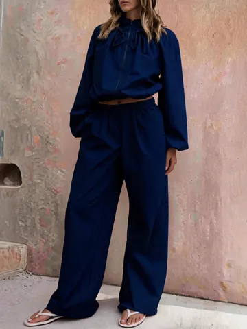 Women Stand Collar Zipper Jacket And Wide Leg Pants Top And Bottom Streetwear Casual Cotton Polyester Blend Autumn Winter Suit