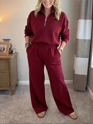 Women's Casual Knitted Tracksuit Half Zip Sweatshirt Top And Wide Leg Pants Loungewear For Autumn Winter Home Daily Wear