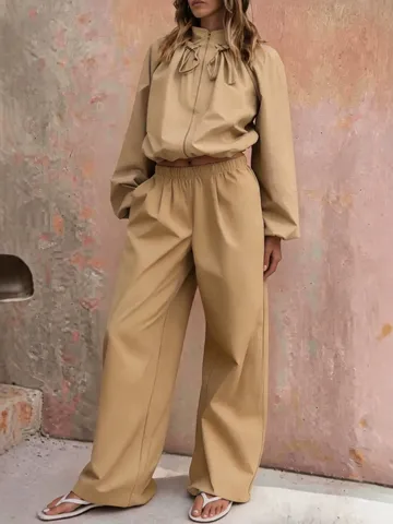 Women Stand Collar Zipper Jacket And Wide Leg Pants Top And Bottom Streetwear Casual Cotton Polyester Blend Autumn Winter Suit