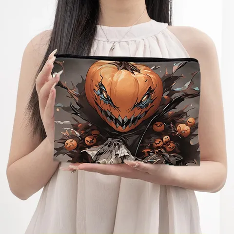 Halloween Pumpkin Skull Black Cat Print Canvas Makeup Bag Portable Zipper Travel Toiletry Pouch Cosmetic Storage Bag