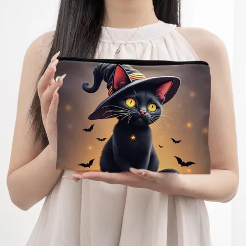 Halloween Pumpkin Skull Black Cat Print Canvas Makeup Bag Portable Zipper Travel Toiletry Pouch Cosmetic Storage Bag