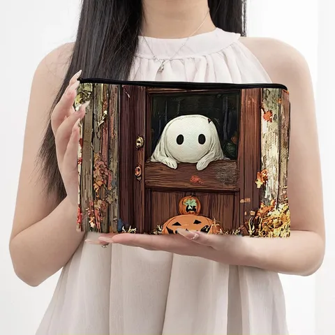 Canvas Cosmetic Bag Halloween Pumpkin Ghost Print Makeup Pouch Portable Zipper Toiletry Bag Travel Storage Handbag