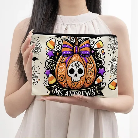 Halloween Pumpkin Skeleton Print Canvas Cosmetic Bag Portable Travel Makeup Pouch Zipper Toiletry Storage Bag For Women