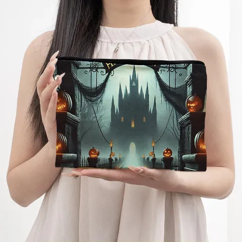 Halloween Pumpkin Skeleton Print Canvas Cosmetic Bag Portable Travel Makeup Pouch Zipper Toiletry Storage Bag For Women