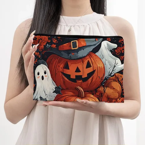 Halloween Pompoen Thema Canvas Kosmetische Tas Draagbare Rits Clutch Portemonnee Opslag Pouch Reis Make-up Tas Voor Vrouwen