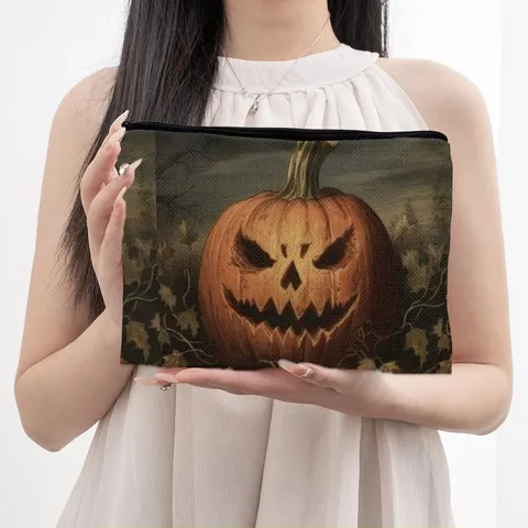 Halloween Pompoen Thema Canvas Kosmetische Tas Draagbare Rits Clutch Portemonnee Opslag Pouch Reis Make-up Tas Voor Vrouwen