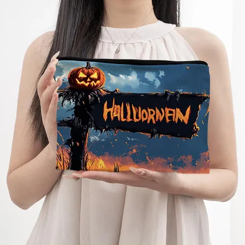 Halloween Makeup Bag Portable Travel Toiletry Pouch Canvas Cosmetic Organizer Cute Ghost Pumpkin Storage Bag For Women