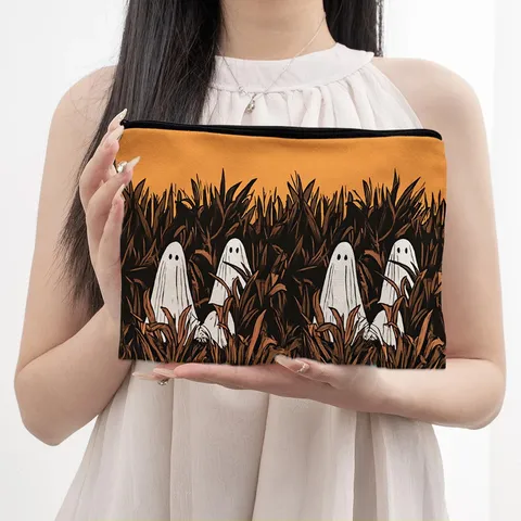 Halloween Gotisch Kasteel Geest Print Canvas Kosmetiktas Draagbare Rits Make-up Etui Reis Toiletartikelen Opbergtas