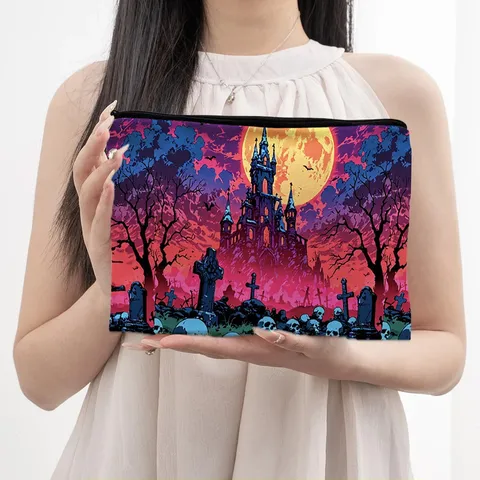 Halloween Gotisch Kasteel Geest Print Canvas Kosmetiktas Draagbare Rits Make-up Etui Reis Toiletartikelen Opbergtas