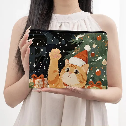 Kerstmis Kat Sneeuwman Beer Kerstman Print Canvas Make-uptas Draagbare Reistas