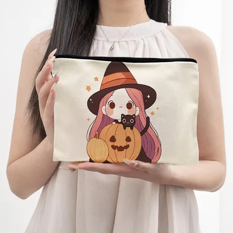 Grote Capaciteit Canvas Cosmetictas Halloween Olieschilderij Print Reizen Opslag Pouch Draagbare Make-up Organizer Pennenetui