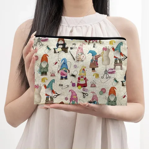 Trousse de Maquillage Portable en Toile Mignon Imprimé de Fête Pochette de Toilette Fermeture Éclair Sac de Rangement Pour Femmes