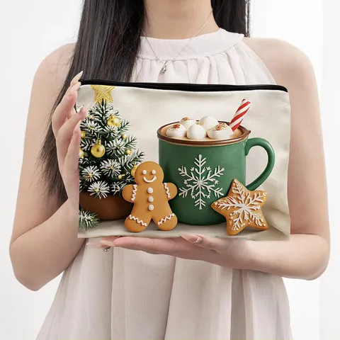 Kerst Canvas Opbergtas Grote Capaciteit Draagbare Make-up Organizer Feestelijke Geprinte Rits Pouch