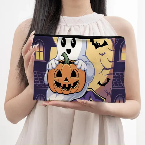 Halloween Pumpkin Ghost Bat Print Cosmetic Bag Vintage Canvas Zipper Makeup Pouch Student Pencil Bag