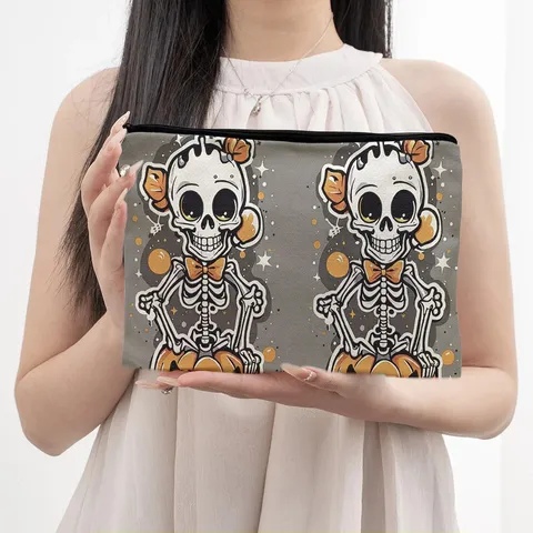 Halloween Pumpkin Ghost Bat Print Cosmetic Bag Vintage Canvas Zipper Makeup Pouch Student Pencil Bag