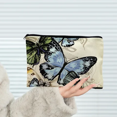 Large Capacity Canvas Makeup Bag Double Sided Print Black Cat Butterfly African Woman Art Portable Cosmetic Storage Pouch Travel Organizer For Women
