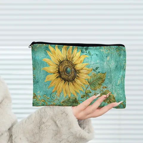 Trousse à Maquillage en Toile de Voyage Sac de Toilette Portable Organisateur Fermeture Éclair Imprimé Floral Tournesol Âne pour Femmes Hommes
