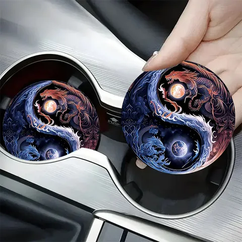 Universal Round Silicone Car Cup Coaster Anti-Slip Heat Resistant Yin Yang Dragon Floral Paisley Gnome Pattern Drinks Mat For Car Decor