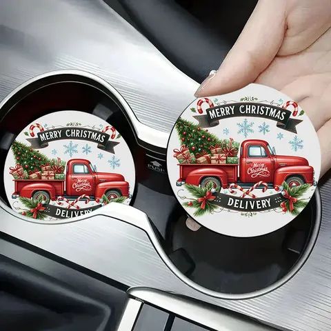 Christmas Silicone Car Cup Holder Coaster Non-Slip Heat Insulated Round Mat Cartoon Pattern Auto Interior Accessories Decorative Drink Coaster