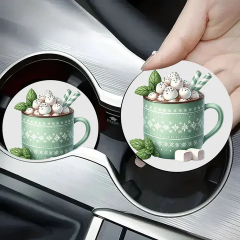 Christmas Ceramic Car Coaster Absorbent Cup Holder Mat Festive Red Green Contrast Pattern Coffee Mug Coaster Holiday Table Decor