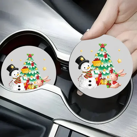 Universal Car Coaster Silicone Christmas Cartoon Snowman Tree Pattern Non-Slip Heat Insulated Drink Cup Holder Mat For Car Interior Accessories
