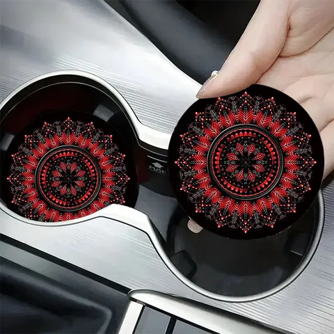 Silicone Car Coaster Racing Theme Mandala Pattern Anti-slip Cup Holder Mat Neon Racing Schnauzer Printed Coaster Car Interior Decor