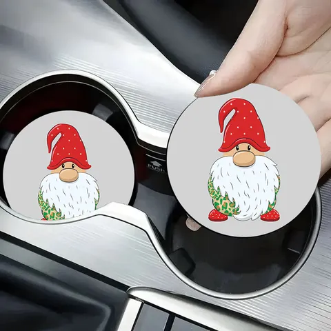 Christmas Cartoon Gnome Tree Printed Car Coaster Silicone Anti-slip Auto Interior Cup Holder Pad Round Water Cup Mat Decoration