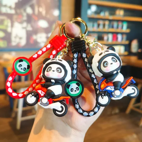 Leuke Cartoon Panda Motorfiets Sleutelhanger Met Gevlochten Touw Siliconen Dier Figuur Sleutelhanger Voor Rugzak Autosleutelhanger Cadeau Unisex