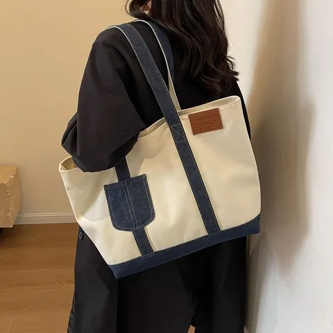 Canvas Denim Patchwork Tote Bag Μεγάλη Χωρητικότητα Casual Τσάντα Ώμου Fashion Commuter Handbag Για Γυναίκες