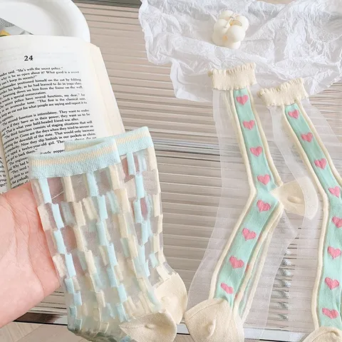 Japanese Sweet Style Glass Silk Crew Socks For Women Summer Thin Breathable Ruffle Lace Heart Cloud Pattern Crew Socks