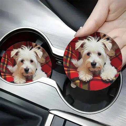 Round Silicone Car Coasters Cute Dog Avocado Pigeon Pickleball Patterns Anti-Slip Heat Resistant Coffee Cup Mats For Home Office