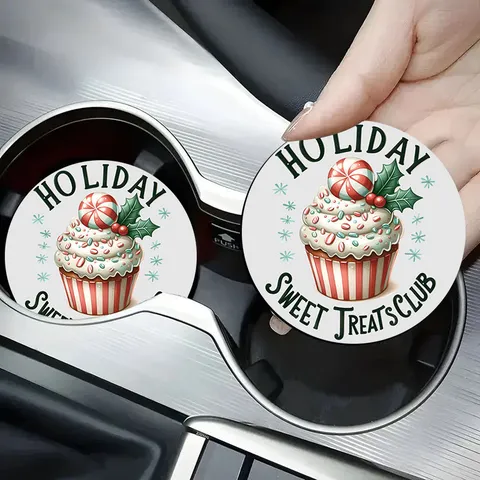 Round Silicone Christmas Car Coaster Holiday Cup Holder Mat Heat Resistant Non Slip Festive Table Pad Wreath Design