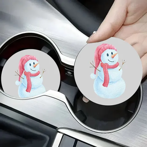 Christmas Snowman Reindeer Car Cup Coasters Silicone Non-Slip Table Mats Cartoon Round Coffee Coaster Automotive Interior Decor Gift