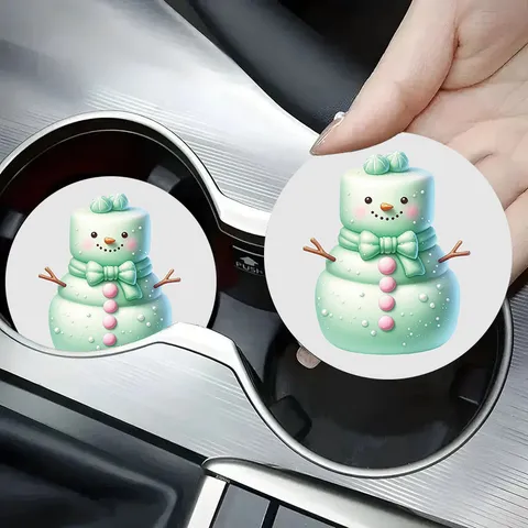 Christmas Car Coasters Round Silicone Non-Slip Cup Pad Holder Insert Mat For Car Cup Holder Snowman Gingerbread Cupcake Pattern Holiday Decoration