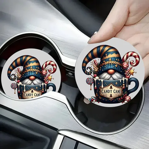 Christmas Silicone Car Coaster Santa Claus Gnome Pattern Round Non-Slip Vehicle Cup Holder Mat Decorative Coffee Pad For Car Home Office