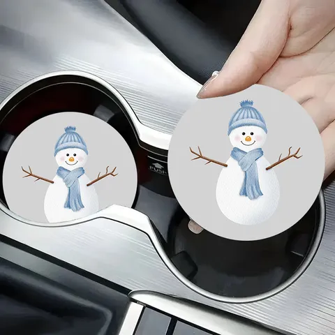 Round Silicone Car Cup Holder Coaster Anti-Slip Heat Resistant Mat Cartoon Snowman Ghost Pattern Automotive Interior Accessory