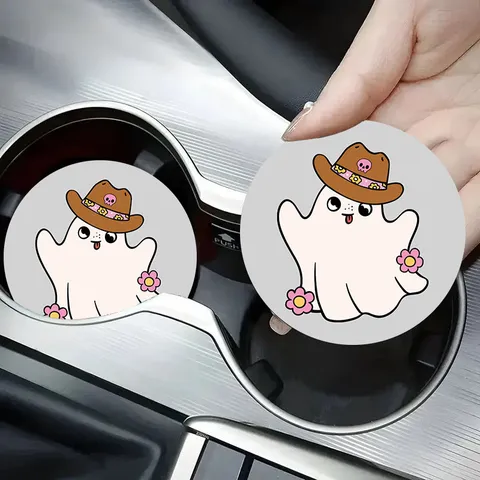 Round Silicone Car Cup Holder Coaster Anti-Slip Heat Resistant Mat Cartoon Snowman Ghost Pattern Automotive Interior Accessory