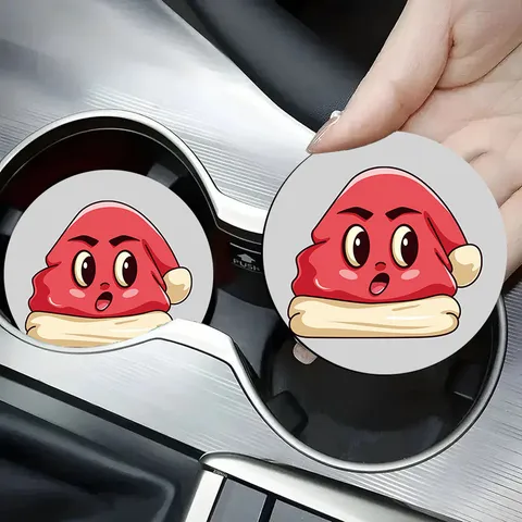 Christmas Silicone Car Coasters Round Non-slip Cup Mat For Car Cup Holder Heat Insulated Cartoon Santa Tree Pattern Auto Interior Accessories