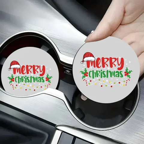 Christmas Silicone Car Coasters Round Non-slip Cup Mat For Car Cup Holder Heat Insulated Cartoon Santa Tree Pattern Auto Interior Accessories