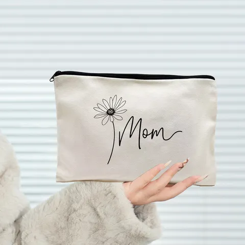 Custom Printed Canvas Cosmetic Bag Mom Daisy Fox Plaid Pattern Makeup Pouch Zip Coin Purse Travel Storage Organizer Case For Women