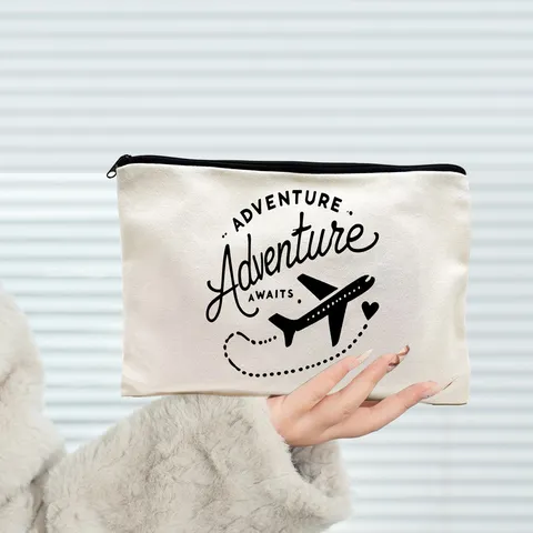 Simple Canvas Cosmetic Bag Fashion Letter Print Zipper Pencil Case Portable Travel Makeup Pouch Small Storage Handbag Gift