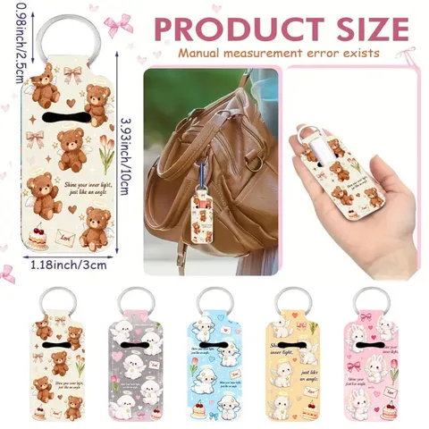 Cartoon Angel Animal Neoprene Lipstick Holder Keychain Zinc Alloy Bag Charm Printed Lip Balm Pouch For Women Teenagers