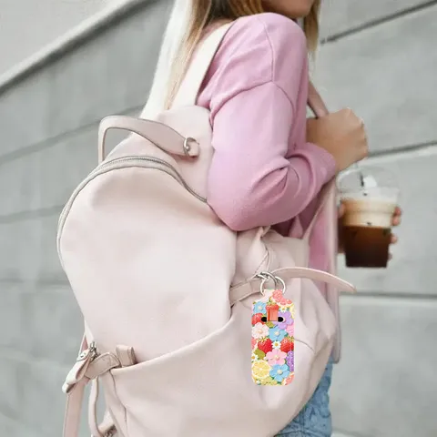 Oil Painting Style Lipstick Holder Keychain Artistic Floral Landscape Print Lipstick Protective Sleeve Portable Bag Pendant Key Ring